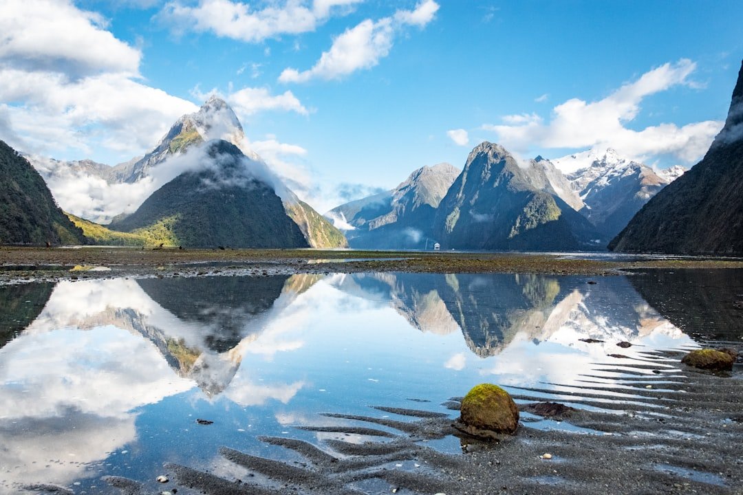 Milford Sound fiord cliffs and waterfall
