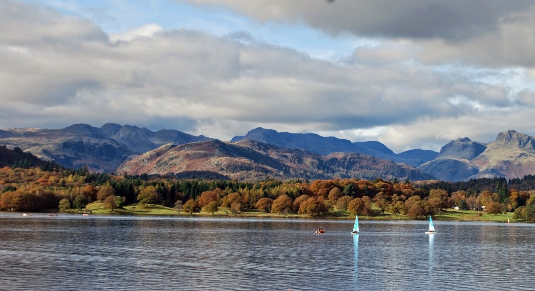Windermere lake with boats and shoreline