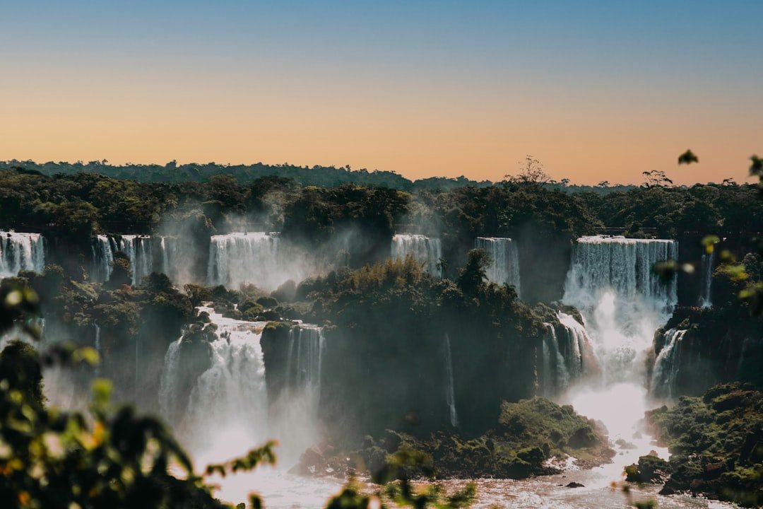 Iguacu Falls multiple cascading waterfalls with mist