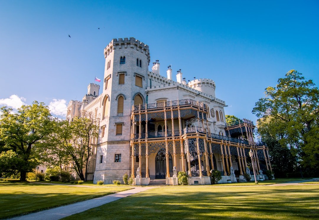 Hluboka Castle white turrets and landscaped gardens